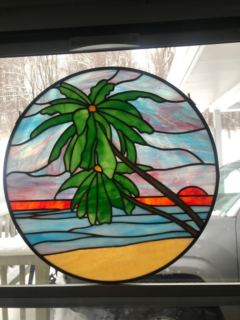 “Palm Trees” Round Stained Glass Panel Fabricated by Jason Kaplitz