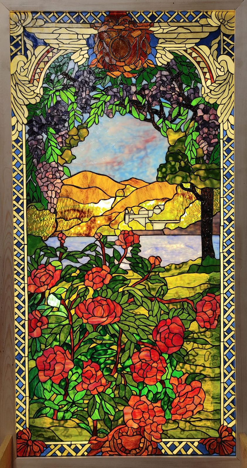 Stained glass floral landscape window