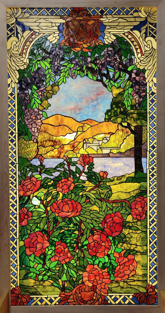 Glorious LaFarge Floral Stained Glass Window Fabricated by Tim & Alice Biza, Custom Pattern Design by Paned Expressions Studios – Featured at Youghiogheny Opalescent ArtGlass Warehouse